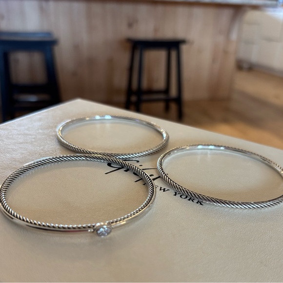 David Yurman Sterling Silver Confetti Diamond Cable Bangle Set - Picture 5 of 9